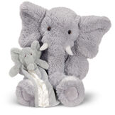 18" Oh So Soft Elephant with Elephant Lovey Security Blanket - Front view of seated soft gray elephant holding a gray baby elephant blanket with wrist strap image number 0