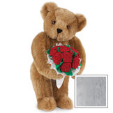 15" Red Rose Bouquet Bear - Front view of standing jointed bear holding a large red bouquet wrapped in white satin and lace - Gray fur image number 5