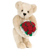 15" Red Rose Bouquet Bear - Front view of standing jointed bear holding a large red bouquet wrapped in white satin and lace - Buttercream brown fur image number 2