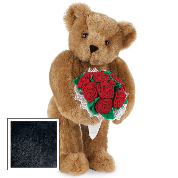 15" Red Rose Bouquet Bear - Front view of standing jointed bear holding a large red bouquet wrapped in white satin and lace - Black fur image number 4