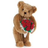 15" Red Rose Bouquet Bear - Front view of standing jointed bear holding a large red bouquet wrapped in white satin and lace - Honey brown fur image number 0