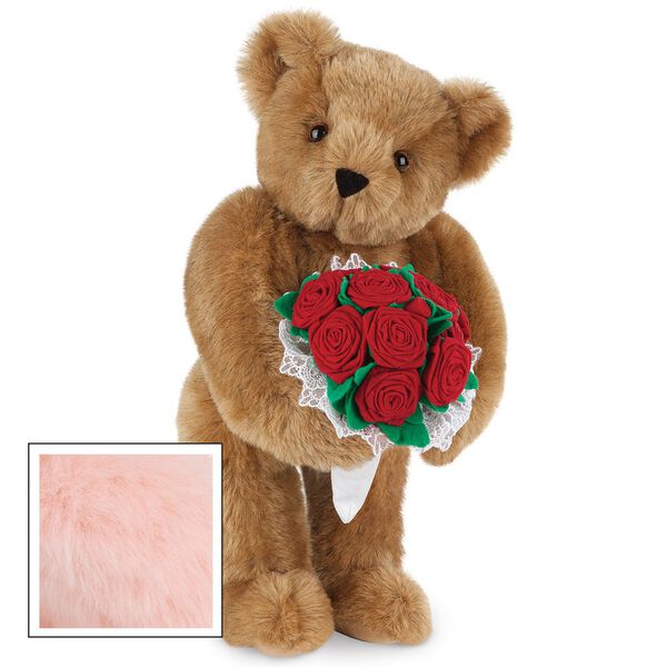 15" Red Rose Bouquet Bear - Front view of standing jointed bear holding a large red bouquet wrapped in white satin and lace - Pink fur image number 6