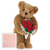 15" Red Rose Bouquet Bear - Front view of standing jointed bear holding a large red bouquet wrapped in white satin and lace - Pink fur image number 6