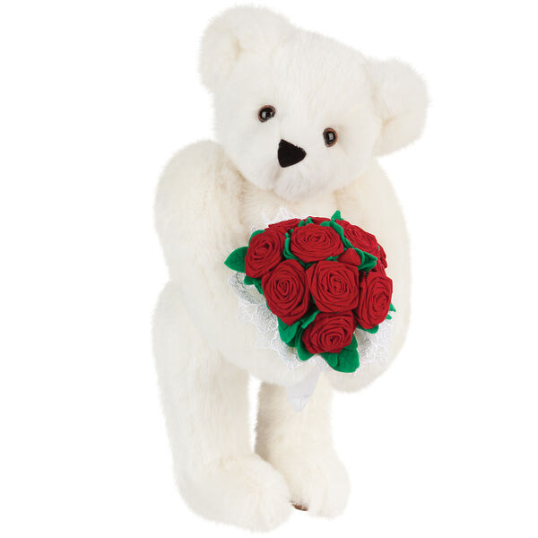 15" Red Rose Bouquet Bear - Front view of standing jointed bear holding a large red bouquet wrapped in white satin and lace - Vanilla white fur image number 3