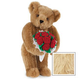 15" Red Rose Bouquet Bear - Front view of standing jointed bear holding a large red bouquet wrapped in white satin and lace - Maple fur image number 7