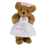 15" Nurse Bear - Front view of standing jointed bear dressed in white nurse's dress and hat with red trim perosnlized with "Kim RN" on bib of dress in red - Honey brown fur image number 0