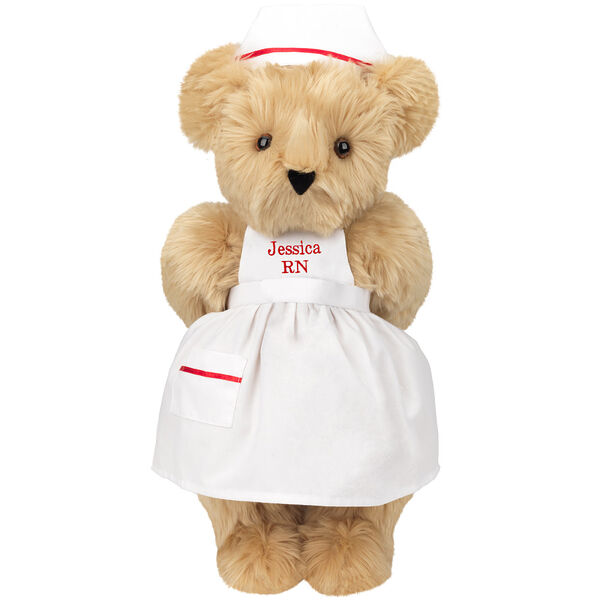 15" Nurse Bear - Front view of standing jointed bear dressed in white nurse's dress and hat with red trim perosnlized with "Kim RN" on bib of dress in red - Maple brown fur image number 6