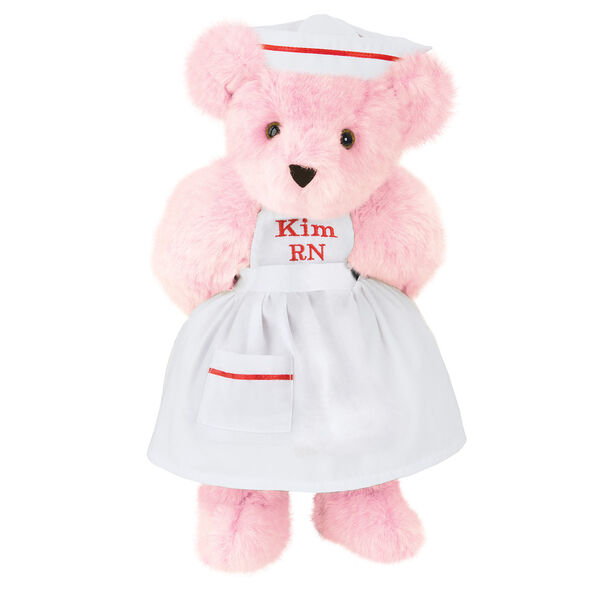 15" Nurse Bear - Front view of standing jointed bear dressed in white nurse's dress and hat with red trim perosnlized with "Kim RN" on bib of dress in red - Pink fur image number 5