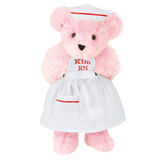 15" Nurse Bear - Front view of standing jointed bear dressed in white nurse's dress and hat with red trim perosnlized with "Kim RN" on bib of dress in red - Pink fur image number 5