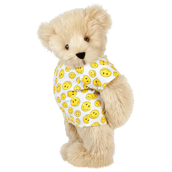 15" Get Well Bear - Three quarter view of standing jointed bear dressed in a white johnny with yellow happy faces - Maple brown fur image number 8
