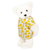 15" Get Well Bear - Three quarter view of standing jointed bear dressed in a white johnny with yellow happy faces - Vanilla white fur image number 4