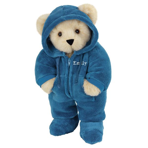 15" Hoodie-Footie Bear Blue - Front view of standing jointed bear dressed in blue hoodie footie personalized with "Emily" in white on left chest - Buttercream brown fur image number 1
