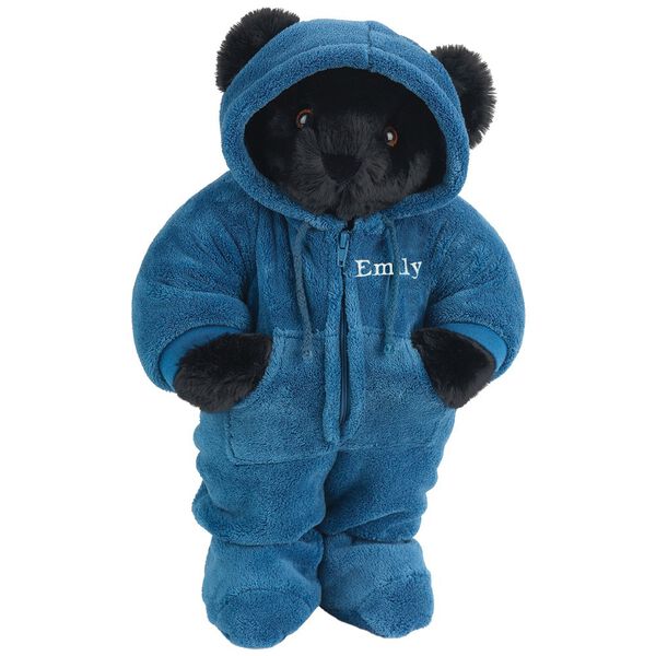 15" Hoodie-Footie Bear Blue - Front view of standing jointed bear dressed in blue hoodie footie personalized with "Emily" in white on left chest - Black fur image number 3