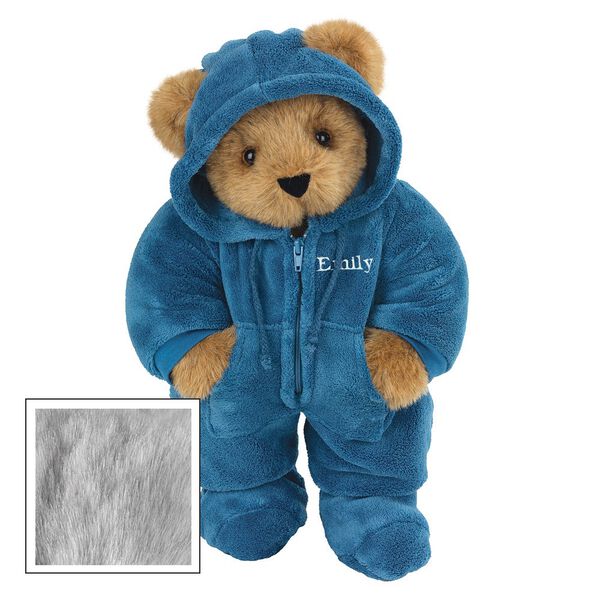 15" Hoodie-Footie Bear Blue - Front view of standing jointed bear dressed in blue hoodie footie personalized with "Emily" in white on left chest - Gray fur image number 4