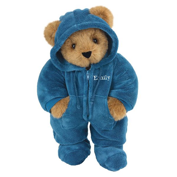 15" Hoodie-Footie Bear Blue - Front view of standing jointed bear dressed in blue hoodie footie personalized with "Emily" in white on left chest - Honey brown fur image number 0