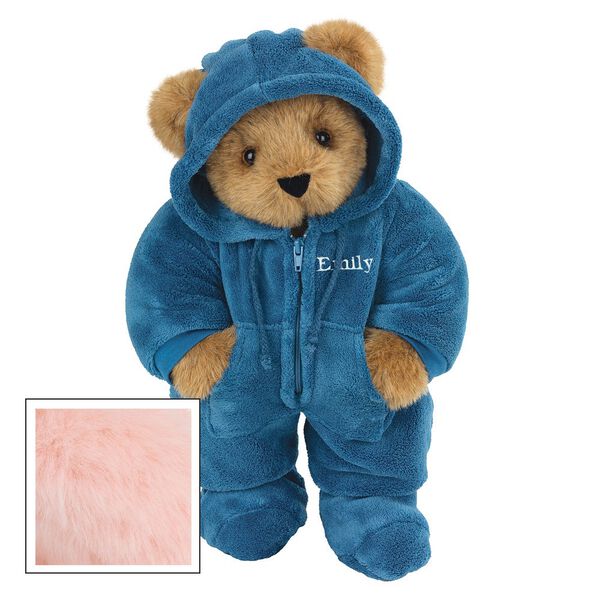 15" Hoodie-Footie Bear Blue - Front view of standing jointed bear dressed in blue hoodie footie personalized with "Emily" in white on left chest - Pink fur image number 5