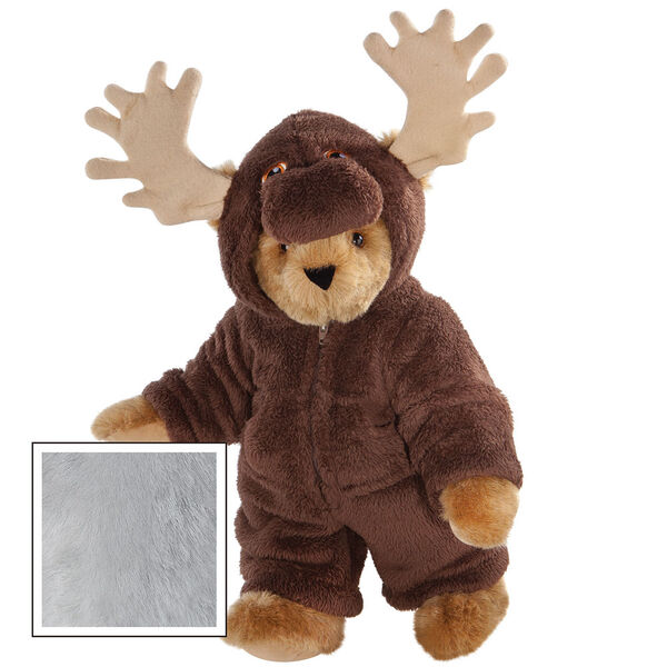 15" Moose Bear - Front view of standing jointed bear dressed in a brown hoodie footie with tan antlers - Gray
