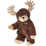 15" Moose Bear - Front view of standing jointed bear dressed in a brown hoodie footie with tan antlers personalized with "Jack" on left chest in gold lettering - Buttercream brown fur image number 1