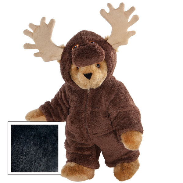 15" Moose Bear - Front view of standing jointed bear dressed in a brown hoodie footie with tan antlers - Black fur