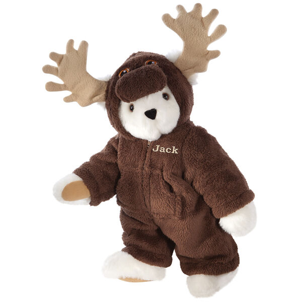15" Moose Bear - Front view of standing jointed bear dressed in a brown hoodie footie with tan antlers personalized with "Jack" on left chest in gold lettering - Vanilla white fur