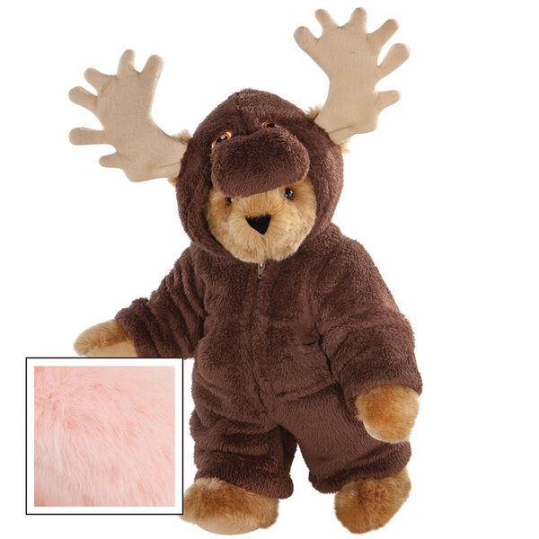 15" Moose Bear - Front view of standing jointed bear dressed in a brown hoodie footie with tan antlers  - Pink image number 5