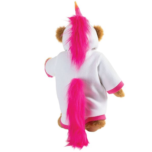 15" Unicorn Hoodie Bear - Back view of standing jointed bear dressed in a white fleece hoodie footie with rainbow horn, a hot pink cuffs and fur mane and tail image number 5