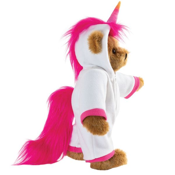15" Unicorn Hoodie Bear - Side view of standing jointed bear dressed in a white fleece hoodie footie with rainbow horn, a hot pink cuffs and fur mane and tail image number 6