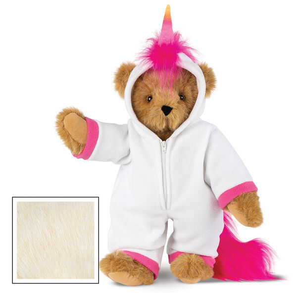 15" Unicorn Hoodie Bear - Front view of standing jointed bear dressed in a white fleece hoodie footie with rainbow horn, a hot pink cuffs and fur mane and tail - Buttercream brown fur image number 1