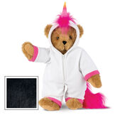 15" Unicorn Hoodie Bear - Front view of standing jointed bear dressed in a white fleece hoodie footie with rainbow horn, a hot pink cuffs and fur mane and tail - Black fur image number 3