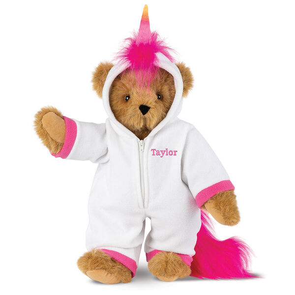 15" Unicorn Hoodie Bear - Front view of standing jointed bear dressed in a white fleece hoodie footie with rainbow horn, a hot pink cuffs and fur mane and tail personalized with "Taylor" in hot pink on left chest - Honey brown fur image number 0