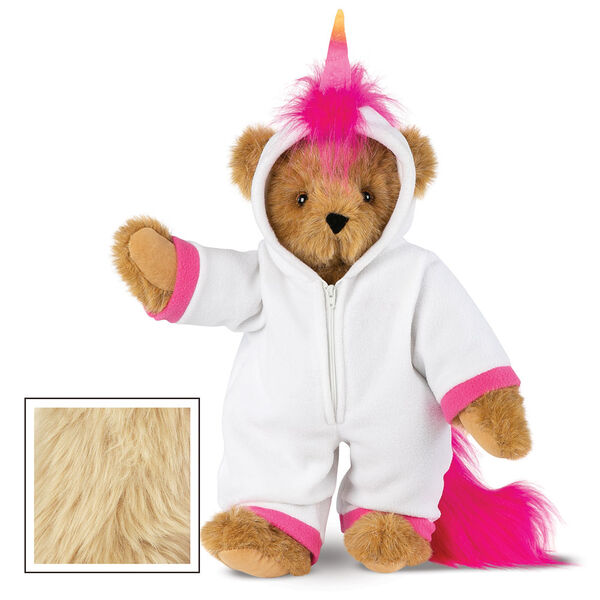15" Unicorn Hoodie Bear - Front view of standing jointed bear dressed in a white fleece hoodie footie with rainbow horn, a hot pink cuffs and fur mane and tail - Maple brown fur image number 4