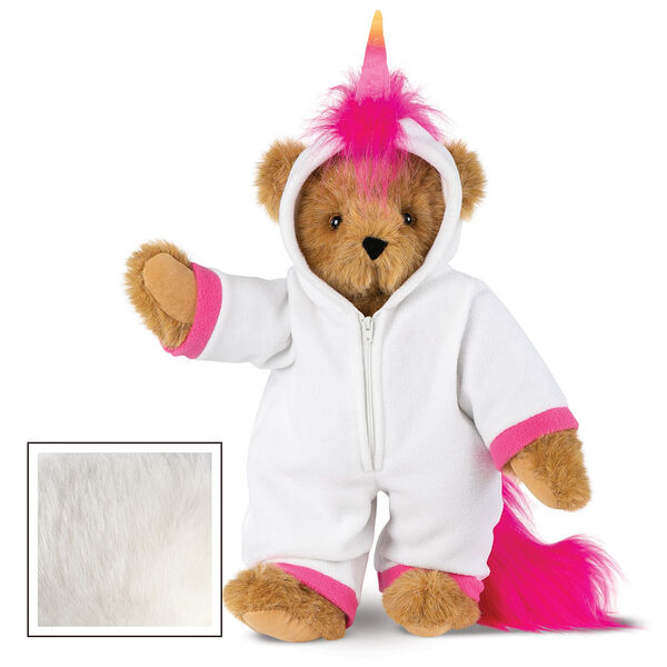 15" Unicorn Hoodie Bear - Front view of standing jointed bear dressed in a white fleece hoodie footie with rainbow horn, a hot pink cuffs and fur mane and tail - Vanilla white fur image number 2