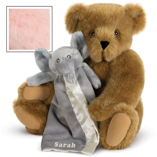 15" Cuddle Buddies Gift Set with Elephant Blanket - 15" jointed seated bear with gray elephant blanket - Pink image number 4