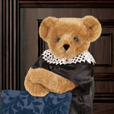 15" Ruth Bader Ginsburg Bear - Standing Honey Bear with blue eyes dressed in a black satin robe, white dissent color and gold wire framed glasses in iconic RBG pose image number 1