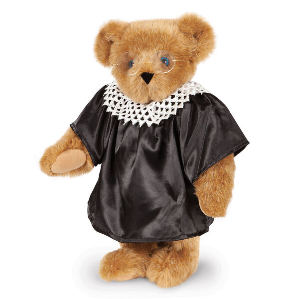 15" Ruth Bader Ginsburg Bear - Standing Honey Bear with blue eyes dressed in a black satin robe, white dissent color and gold wire framed glasses image number 0