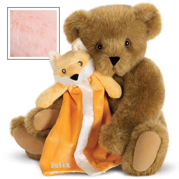 15" Cuddle Buddies Gift Set with Fox Blanket - 15" jointed seated bear with orange fox security blanket - Pink
