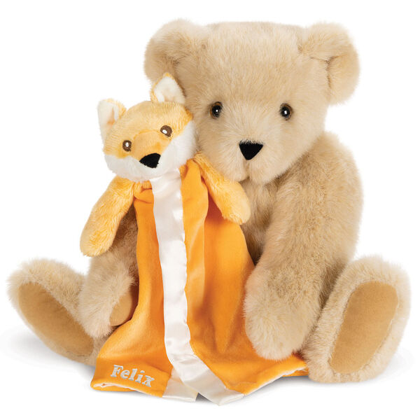 15" Cuddle Buddies Gift Set with Fox Blanket - 15" jointed seated bear with orange fox security blanket - Buttercream image number 1