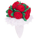 Large red velvet bouquet with green felt leaves in white satin and lace wrapping on elastics image number 0