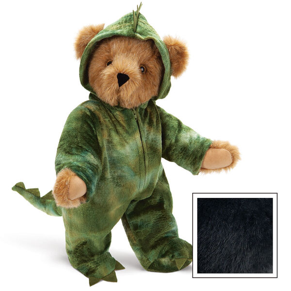 15" Dinosaur Bear - Front view of standing jointed bear with green textured hoodie footie with tail and scales - Black image number 5