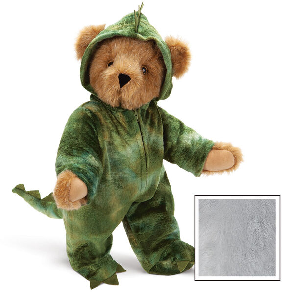 15" Dinosaur Bear - Front view of standing jointed bear with green textured hoodie footie with tail and scales - Gray image number 6