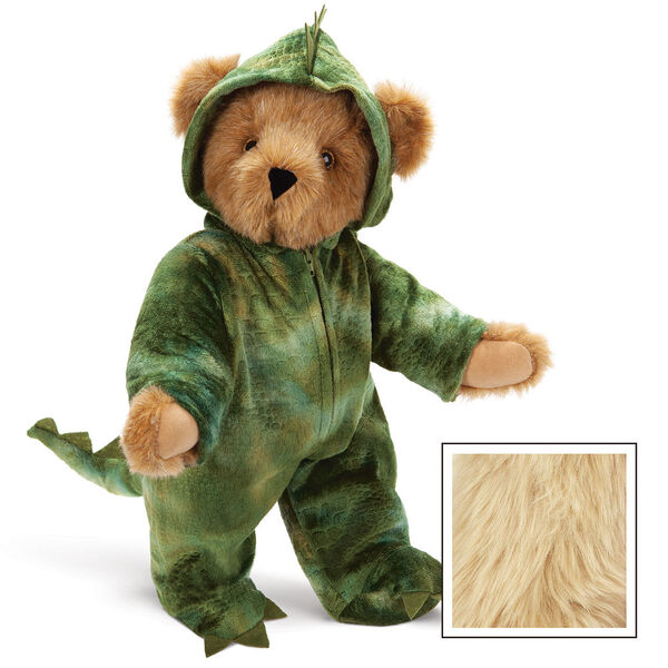 15" Dinosaur Bear - Front view of standing jointed bear with green textured hoodie footie with tail and scales - Maple image number 8