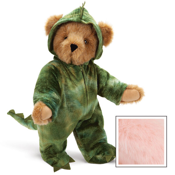 15" Dinosaur Bear - Front view of standing jointed bear with green textured hoodie footie with tail and scales - Pink image number 7