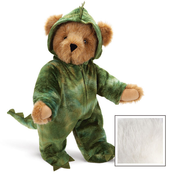 15" Dinosaur Bear - Front view of standing jointed bear with green textured hoodie footie with tail and scales - Vanilla image number 4