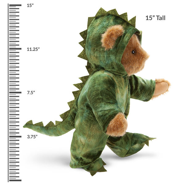 15" Dinosaur Bear - Side view of standing jointed bear with green textured hoodie footie with tail and scales with measurement of 15" beside bear image number 2