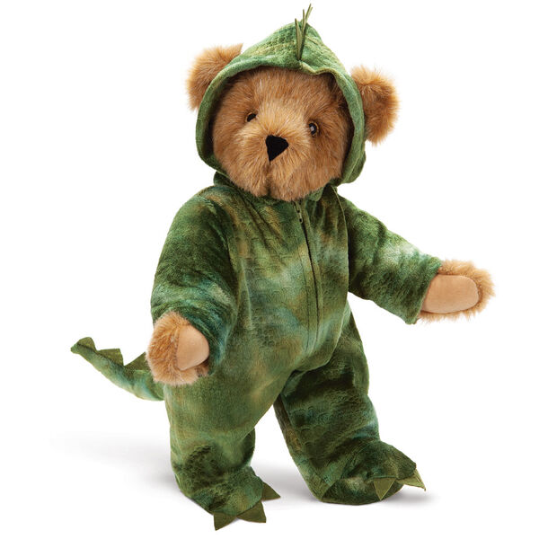 15" Dinosaur Bear - Front view of standing jointed bear with green textured hoodie footie with tail and scales - Honey fur image number 0