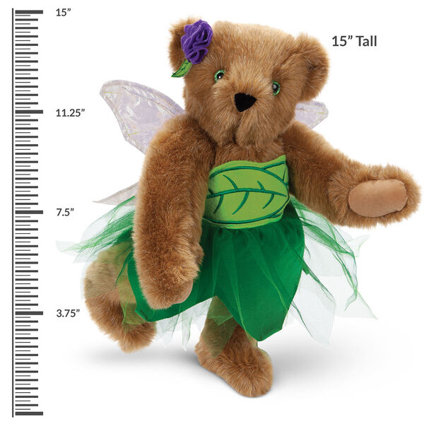 15" Fairy Bear - 3/4 view of standing jointed bear in a green fairy outfit with wings with measurement of 15" Tall