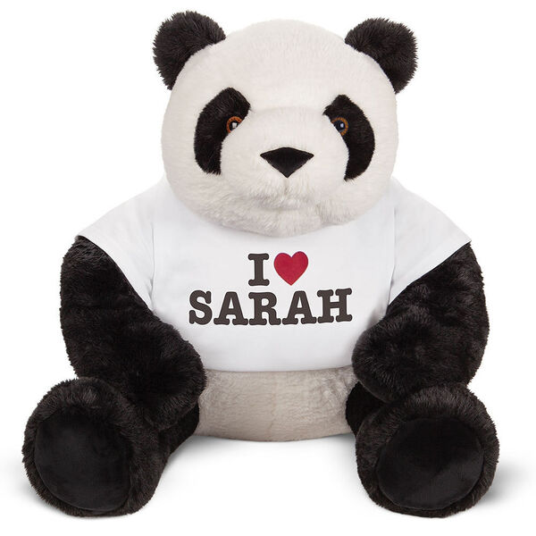 3 1/2' Gentle Giant I Heart You T-Shirt Panda - Front view of seated black and white panda with white t-shirt that says, "I Heart Sarah (your name here)" image number 0