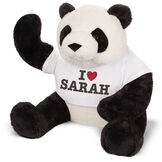 3 1/2' Gentle Giant I Heart You T-Shirt Panda - Front view of waving seated black and white panda with white t-shirt that says, "I Heart Sarah (your name here)" image number 2