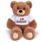 18" Oh So Soft Teddy I Heart You T-Shirt Bear - Front view of seated brown bear in white t-shirt with "I Heart (your name)" image number 0