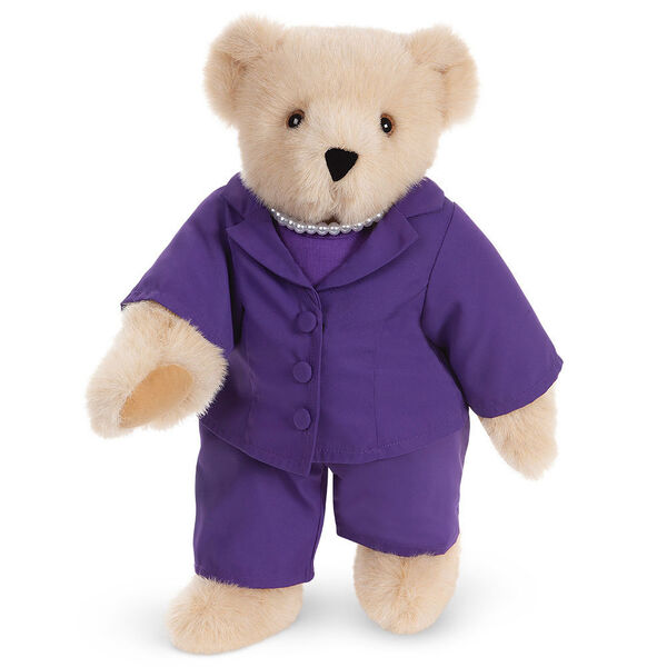 15" Business Professional Bear, Purple Suit - Standing jointed bear with purple suit coat and pants and pearl necklace - Buttercream image number 1
